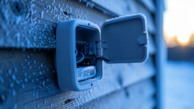 Weatherproof coop sensor node opened to show its battery compartment, mounted on a frosty wooden coop wall at dawn