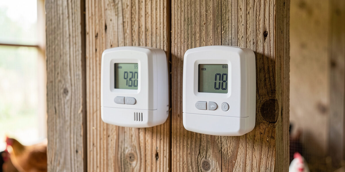 Two white digital thermometer-hygrometer devices mounted side by side on a weathered plywood coop wall