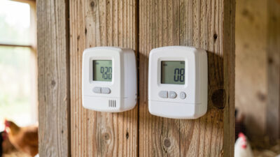 Two white digital thermometer-hygrometer devices mounted side by side on a weathered plywood coop wall