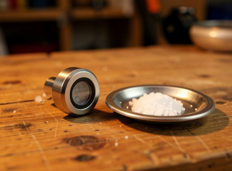 Round humidity sensor probe resting on a workbench beside a saucer of damp salt for a calibration test