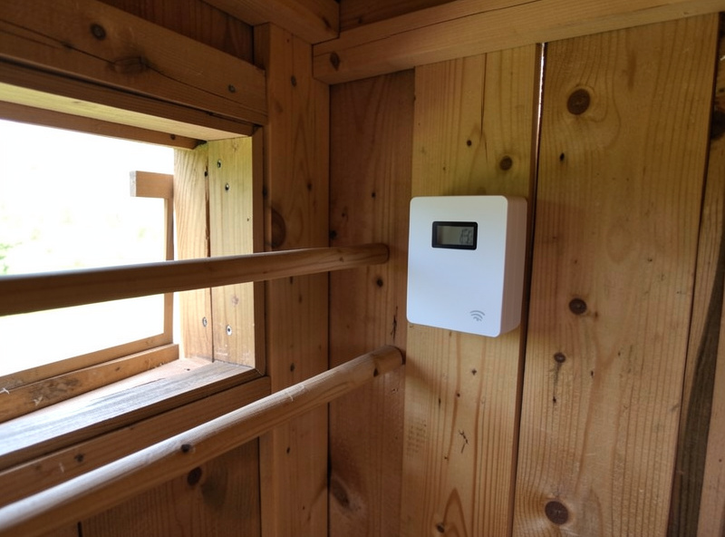 Rectangular WiFi temperature and humidity sensor with a digital display mounted on an interior coop wall near wooden roosting bars
