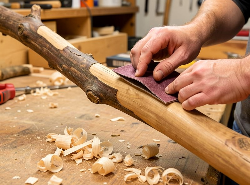 Hands sanding a debarked natural hardwood branch smooth to use as a chicken roost, wood shavings around