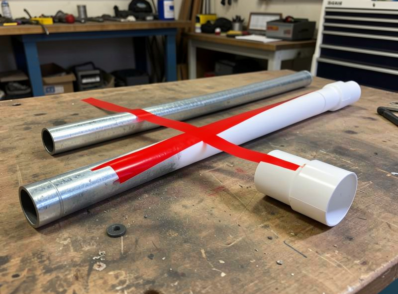 A metal galvanized pipe and white PVC pipe on a workbench marked with a red cross as rejected roost materials