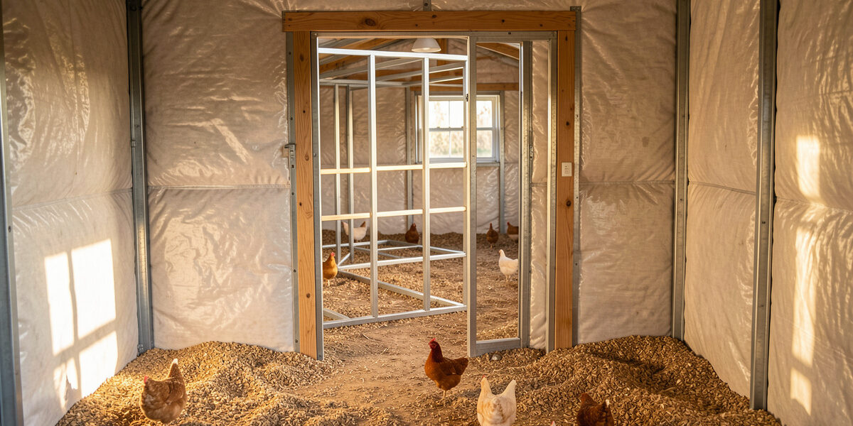 Interior of an insulated walk-in chicken coop showing the floor and deep-litter bedding