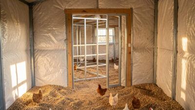 Interior of an insulated walk-in chicken coop showing the floor and deep-litter bedding