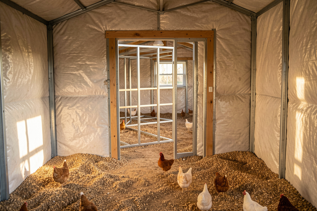 Interior of a self-built insulated walk-in chicken coop showing the floor and deep-litter bedding with a welded run frame beyond the doorway