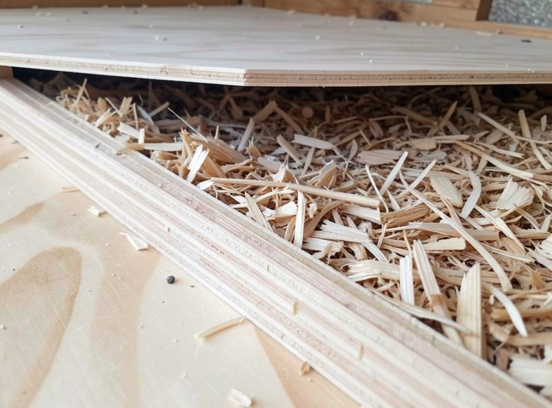 Close-up of a sealed plywood coop floor with pine-shavings deep litter and a poop board mounted above it