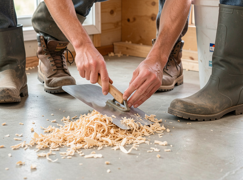 Keeper's hands using a wide flat scraper to clean a smooth coop floor with pine shavings pushed aside