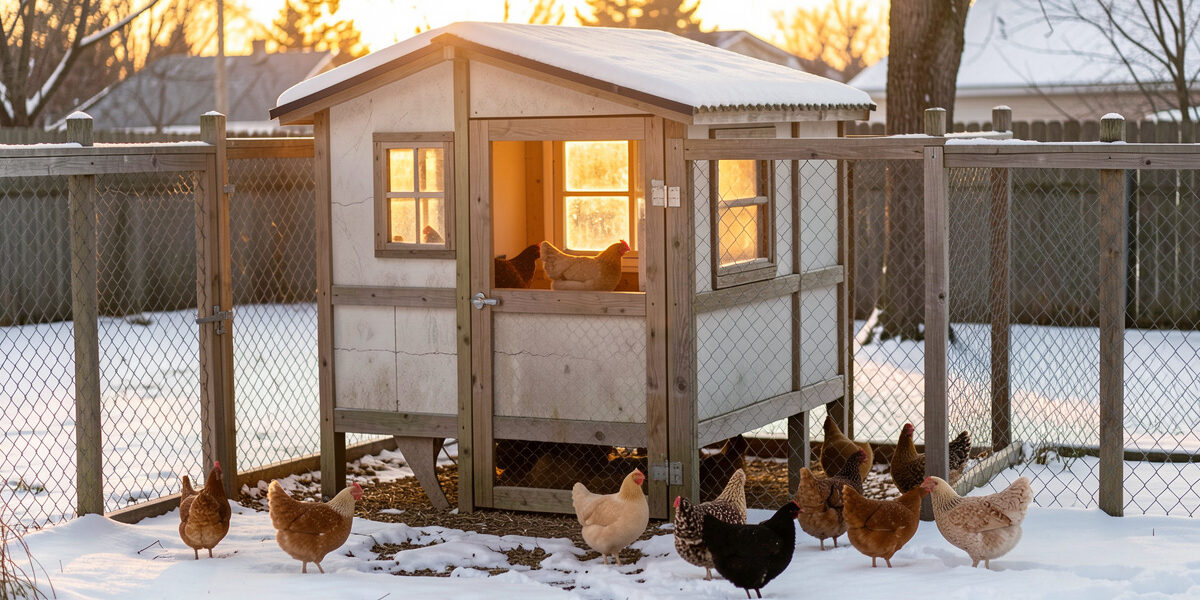 Smart insulated chicken coop at dawn in a snowy winter yard with warm light glowing from the coop window