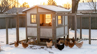 Smart insulated chicken coop at dawn in a snowy winter yard with warm light glowing from the coop window
