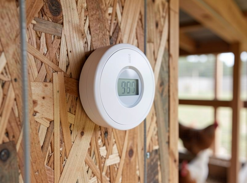Round digital thermometer and hygrometer mounted on a plywood coop wall beside a wooden roost bar