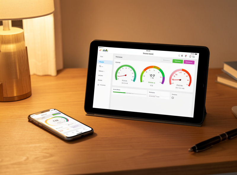 Tablet on a workbench displaying a smart home dashboard with coop temperature, humidity, and door-status tiles