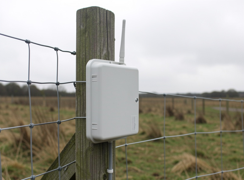 Weatherproof sensor junction box with a small antenna mounted to a wooden fence post beside galvanized wire mesh at dusk