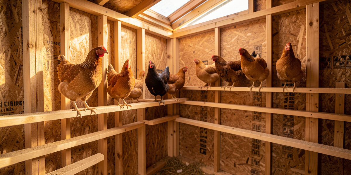 Row of flat wooden roost bars in an insulated coop with cold-hardy hens perched in warm morning light