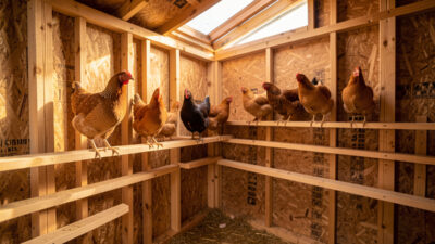Row of flat wooden roost bars in an insulated coop with cold-hardy hens perched in warm morning light