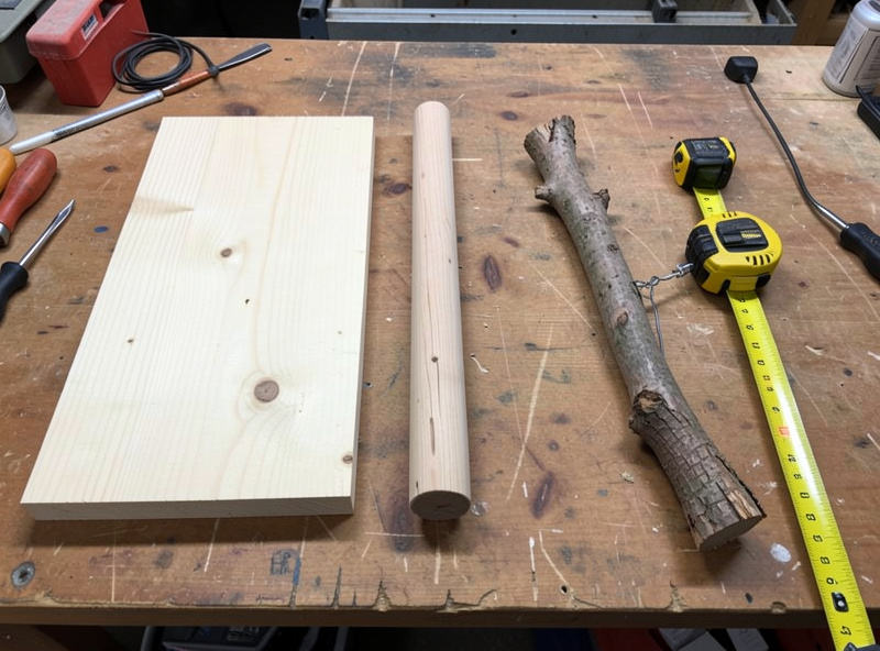 Workbench comparison of three roost materials: a flat 2x4 board, a round wooden dowel, and a natural tree branch with a tape measure