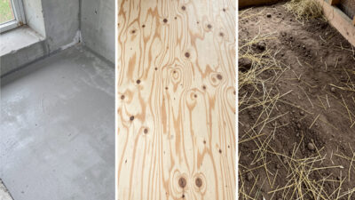 Concrete slab, sealed plywood, and bare dirt chicken coop floors shown side by side