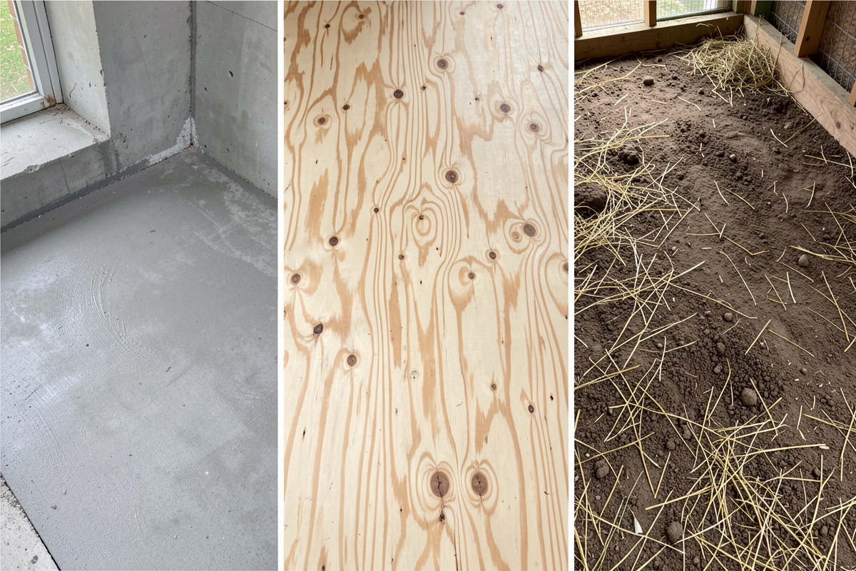Three chicken coop floor types side by side — a poured concrete slab, a sealed plywood panel, and a bare packed-dirt floor with straw