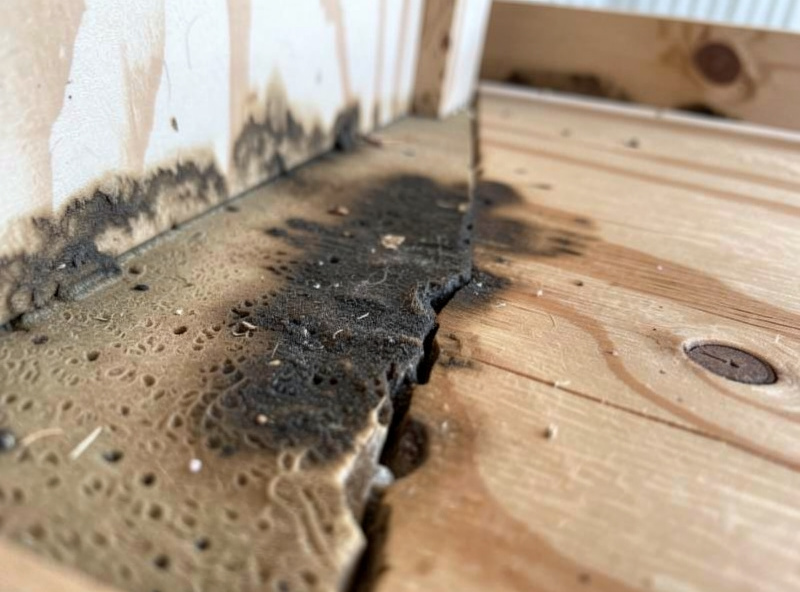 Close-up of a spongy water-damaged plywood coop floor seam gone dark and soft beside a dry sealed section