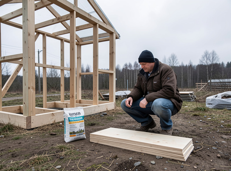 A keeper crouched beside a partly built coop comparing a bag of concrete mix and a stack of exterior plywood sheets