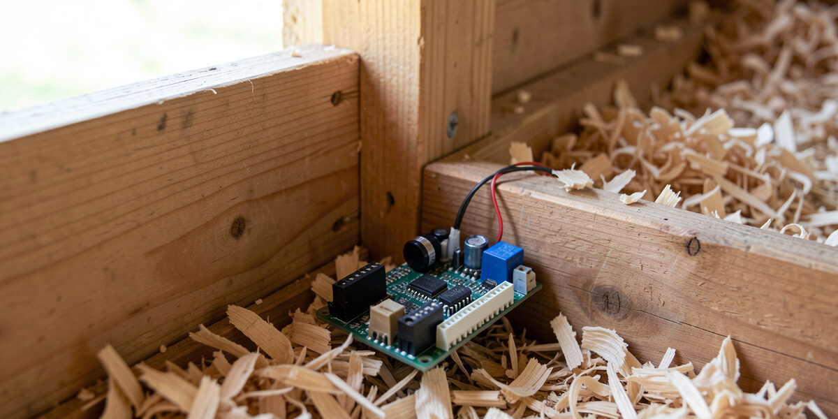 Open electronics board with a gas sensor module mounted low on the wall inside a wooden coop near wood-shaving litter