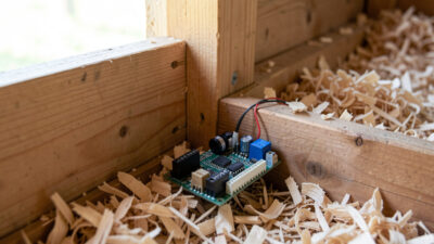 Open electronics board with a gas sensor module mounted low on the wall inside a wooden coop near wood-shaving litter