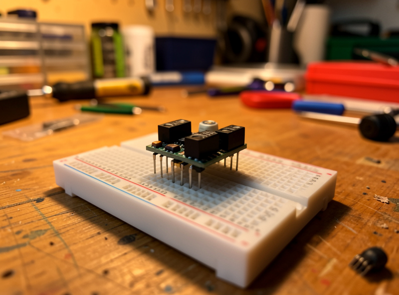 Small gas sensor module on a breadboard on a wooden workbench under warm workshop light
