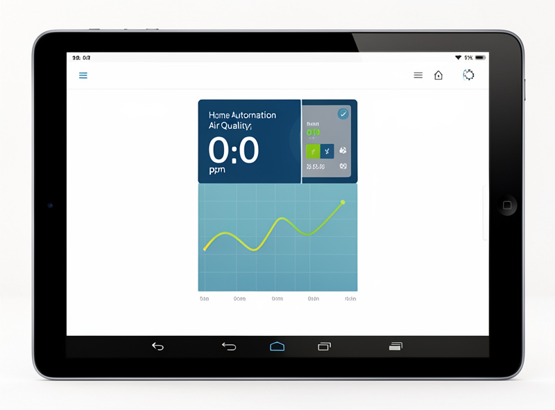 Tablet screen showing a home automation air quality dashboard tile with a ppm reading and a trend graph