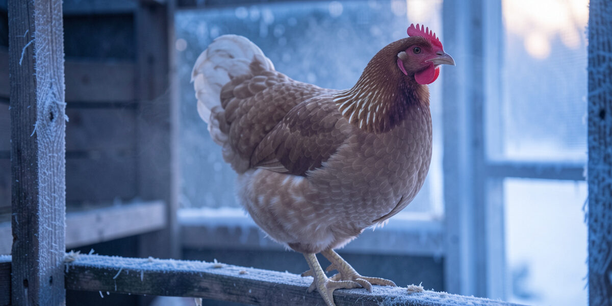 Red-combed hen on a wooden roost inside a frosty coop at dawn in soft blue winter light