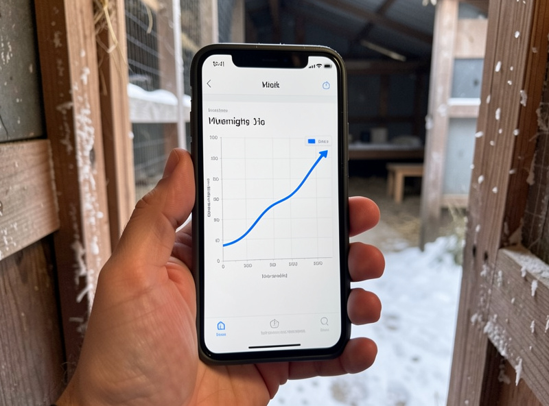 Phone screen held in a cold coop doorway showing an overnight humidity graph curve climbing