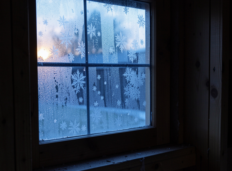 Condensation and frost crystals on the inside of a wooden coop window pane at dawn
