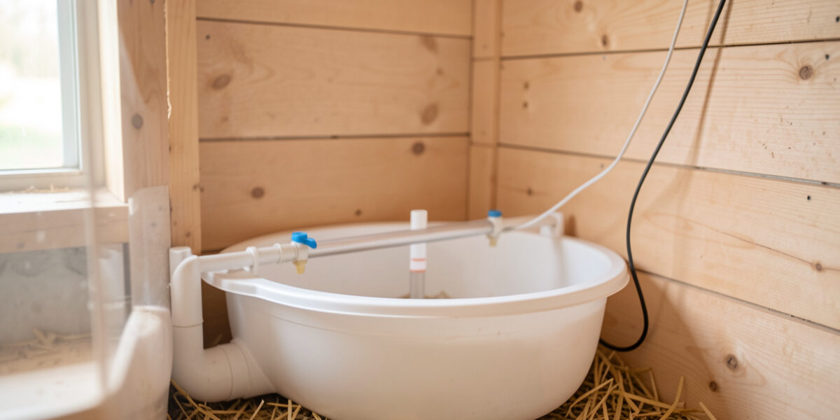 Poultry waterer with a horizontal nipple drinker inside a clean coop with a thin sensor cable running to the wall