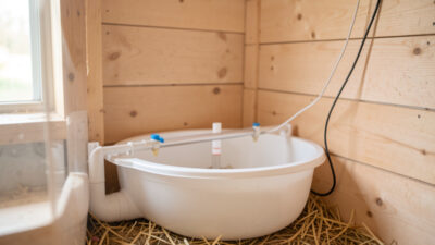 Poultry waterer with a horizontal nipple drinker inside a clean coop with a thin sensor cable running to the wall