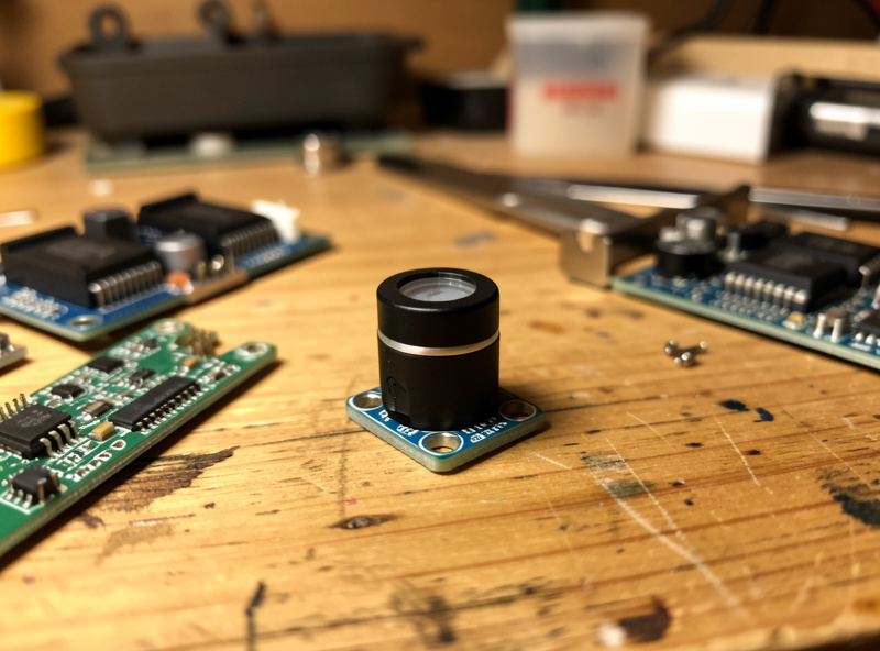 Small waterproof ultrasonic distance sensor module on a wooden workbench beside electronic parts