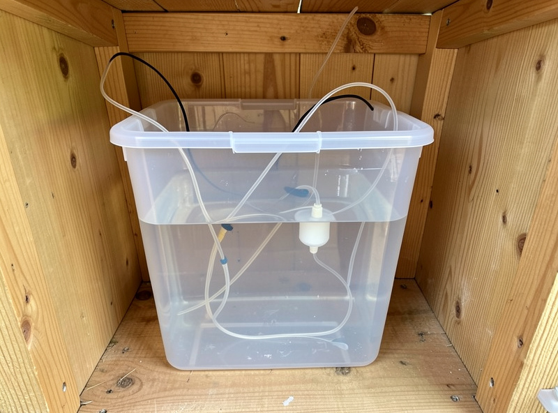 Transparent plastic water reservoir fitted with a float switch and wires inside a wooden coop