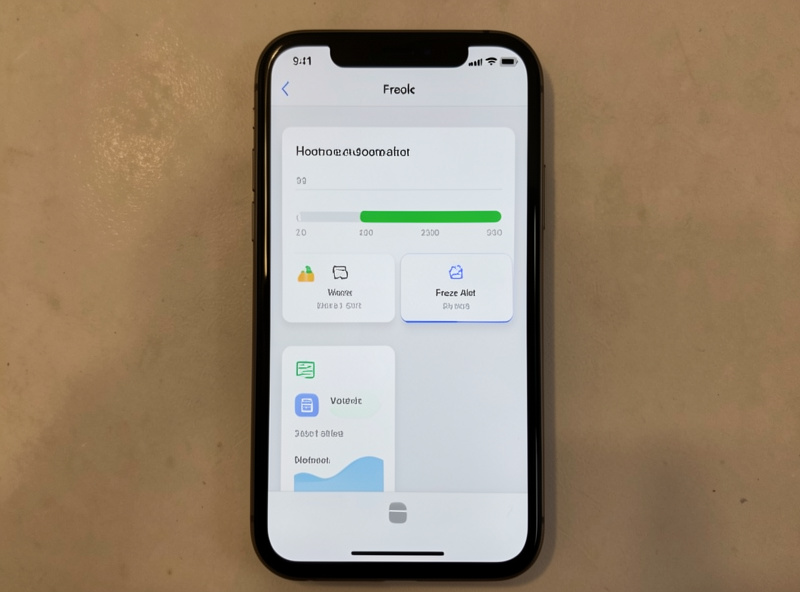 Phone screen showing a home automation dashboard with a water level bar and a freeze alert tile