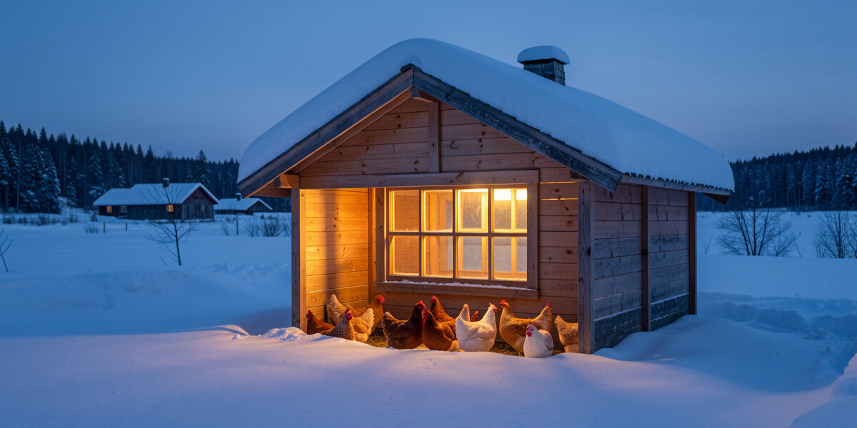 Warm light glowing from inside a snow-covered insulated chicken coop at pre-dawn in a Nordic winter