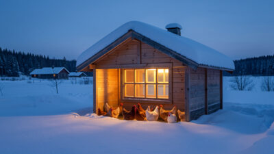 Warm light glowing from inside a snow-covered insulated chicken coop at pre-dawn in a Nordic winter