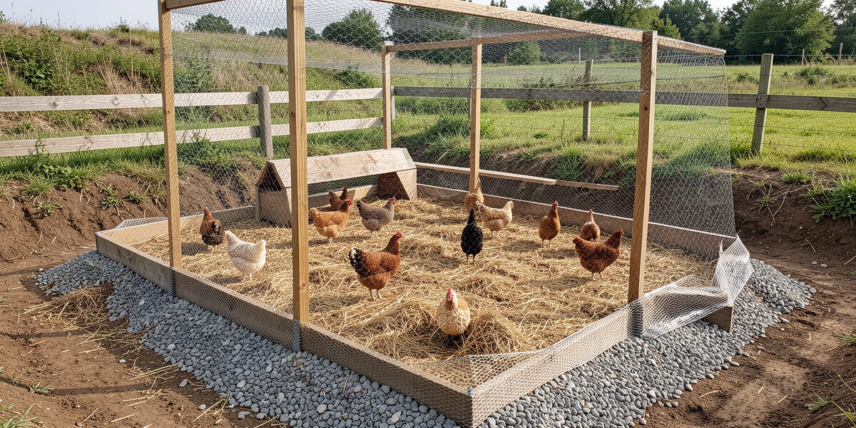 Dirt-floor chicken coop on a raised gravel pad with a buried hardware-cloth apron at the base