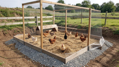 Dirt-floor chicken coop on a raised gravel pad with a buried hardware-cloth apron at the base