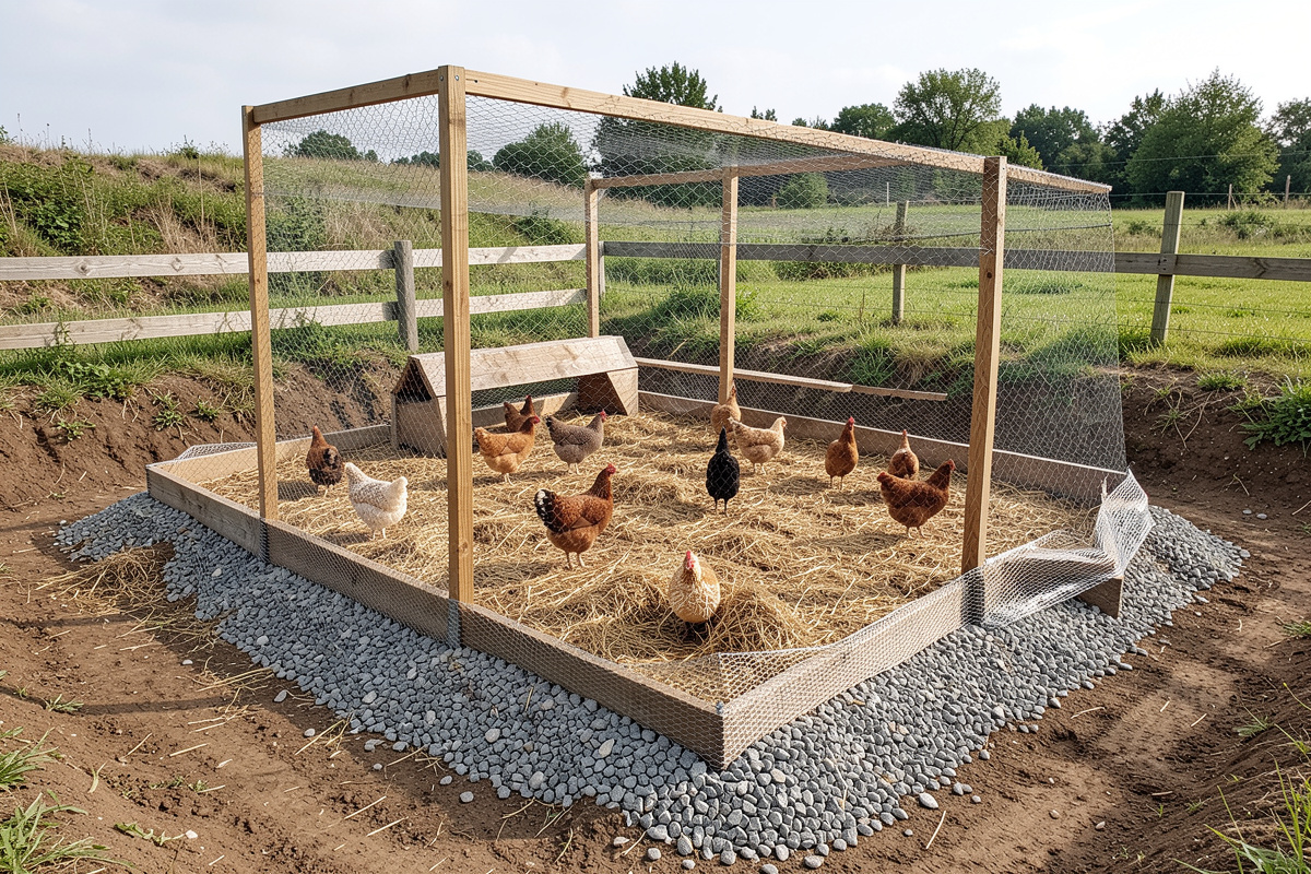 Dirt-floor chicken coop built on a raised gravel pad above the surrounding grade with deep litter and a hardware-cloth apron at the base