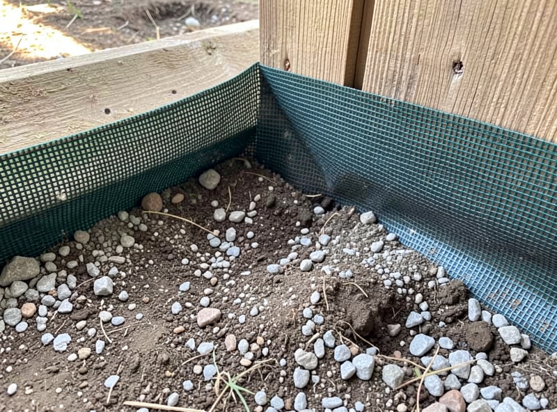 Buried hardware-cloth apron folded outward at the base of a coop wall with gravel and soil over it