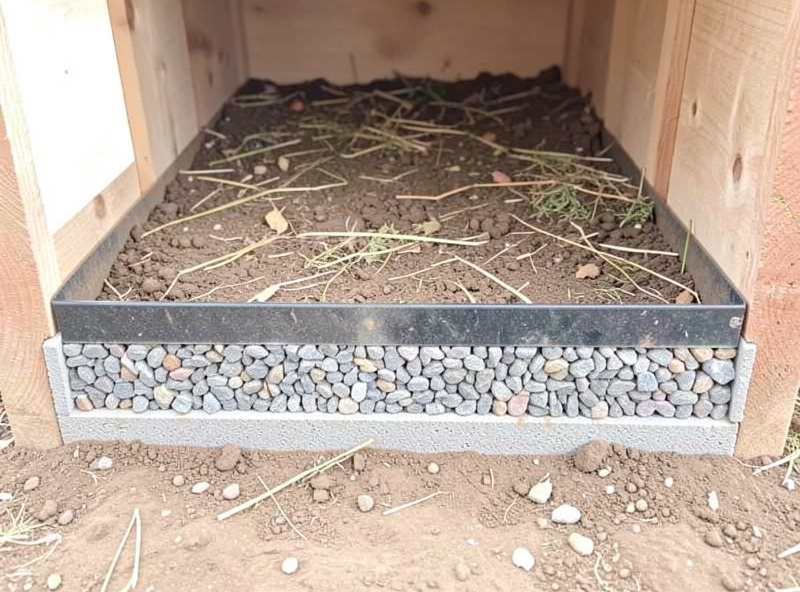 Cross-section of a well-drained coop foundation showing a gravel base, raised pad, and dirt floor with deep litter on top