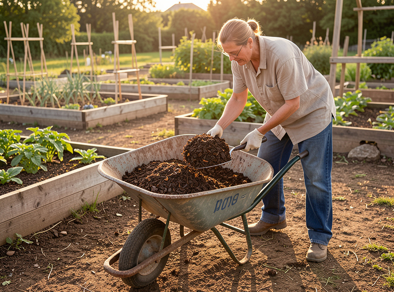 Keeper forking finished dark deep-litter compost from a dirt-floor coop into a wheelbarrow with garden beds behind