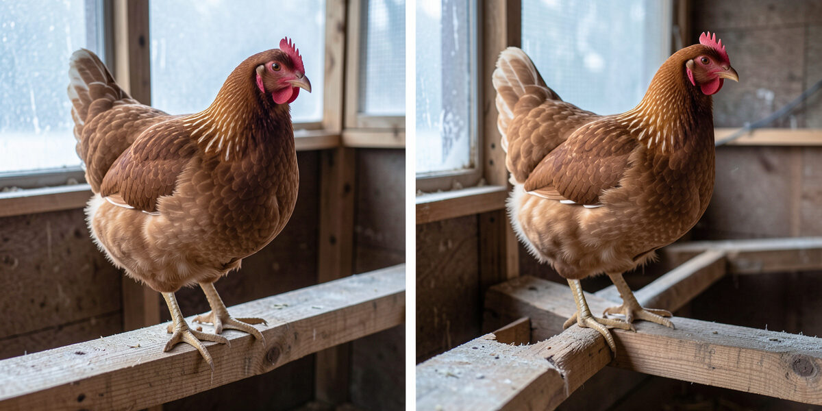 Comparison of a hen sitting flat on a 2x4 roost and a hen gripping a round dowel in frosty coop light