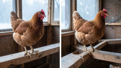 Comparison of a hen sitting flat on a 2x4 roost and a hen gripping a round dowel in frosty coop light