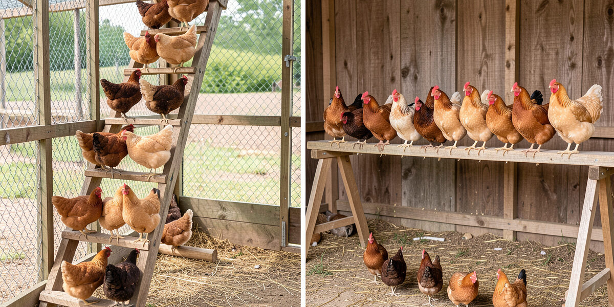 Comparison of a stepped ladder roost with hens at different heights and a single-level roost with a flock in one row