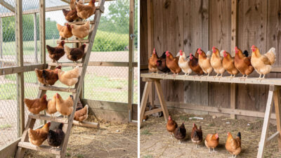 Comparison of a stepped ladder roost with hens at different heights and a single-level roost with a flock in one row