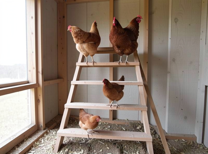 A ladder-style stepped roost with dominant hens on the top rung and one bird on the cold lowest rung