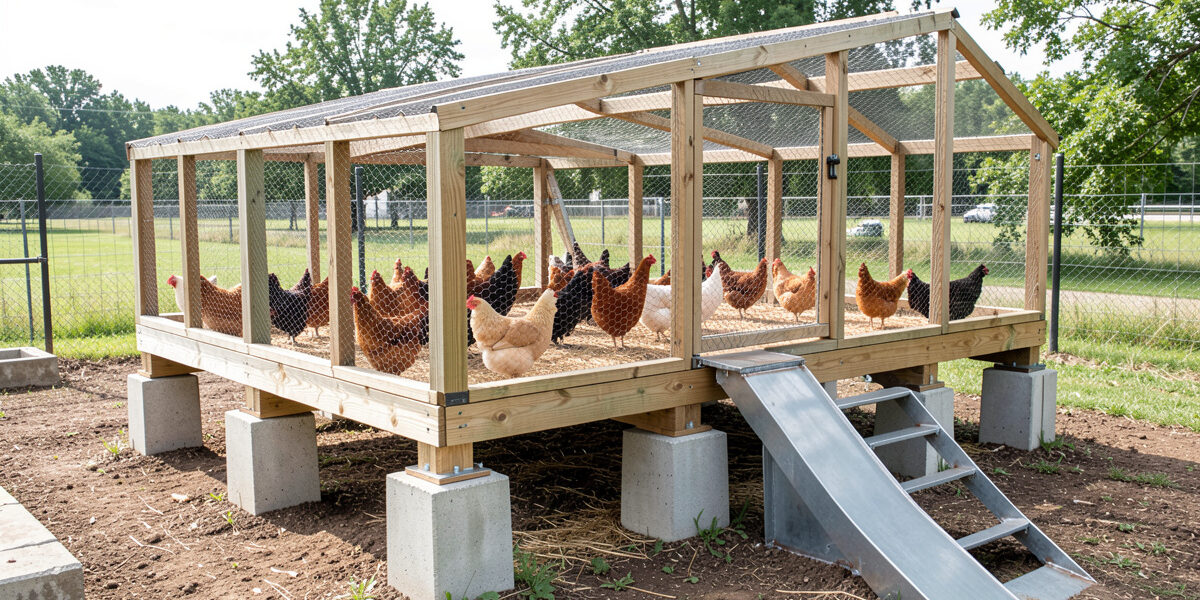 Chicken coop raised on concrete pier blocks and pressure-treated skids with an open gap beneath